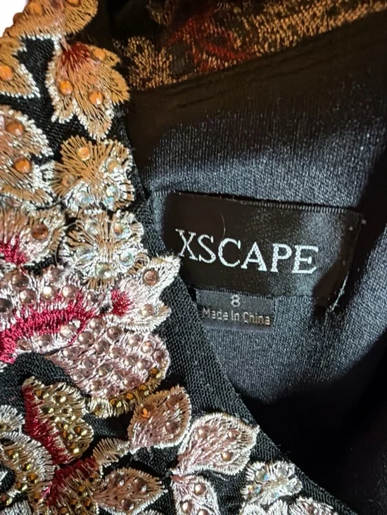 Xscape Black Evening Gown | Floral Sequin Embroidered Neckline | Size 8 - Picture 6 of 6